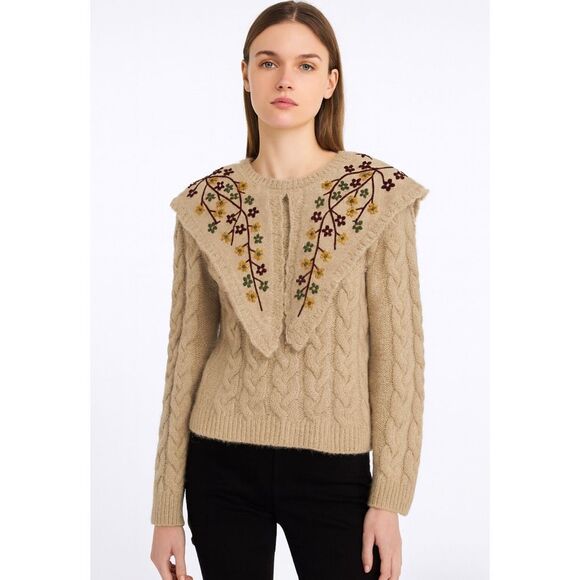 Zara Sweaters - Zara Embroidered Collar Cable Knit Sweater Beige Size Medium